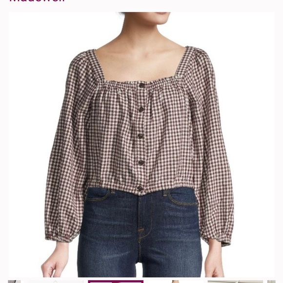 Madewell Puff Sleeve Button Front Crop Top in brown gingham - Picture 4 of 10